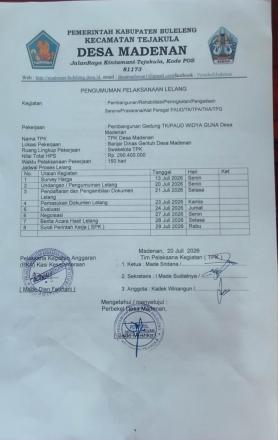 PENGUMUMAN PELAKSANAAN LELANG GEDUNG TK/PAUD WIDYA GUNA Desa Madenan.